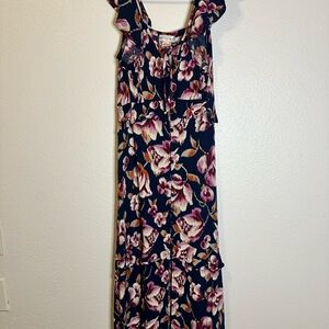 Band of Gypsies Floral Ruffle Maxi Dress - Navy and Pink